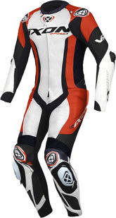 Macacão de homem em pele para motociclismo IXON VORTEX 3, peça única, branco, preto e vermelho. – Maximomoto ES