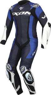 Macacão de motociclismo IXON VORTEX 3 para homem, peça única, em pele preta, azul e branca. – Maximomoto ES