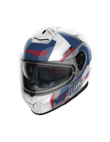 Nolan N80-8 Wanted N-COM 075 Casque de course moto intégral blanc brillant bleu