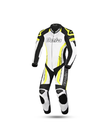 Bela Rocket Lady Mix Canguru Fato de corrida moto para senhoras 1peça Branco/Preto/Amarelo Fluor