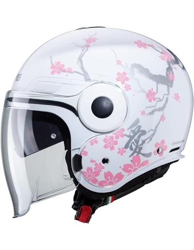 Caberg uptown bloom bianco argento rosa casco moto aperto su strada