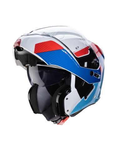 Capacete de motociclista Caberg Horus Tribute branco vermelho azul na estrada flip front