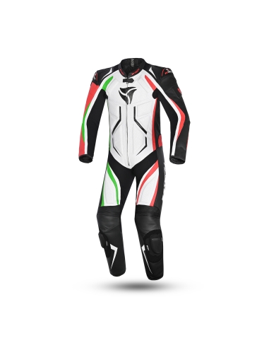 R-Tech Defender GP Tuta Moto In Pelle Racing Intera Bianco/Nero/Rosso/Verde