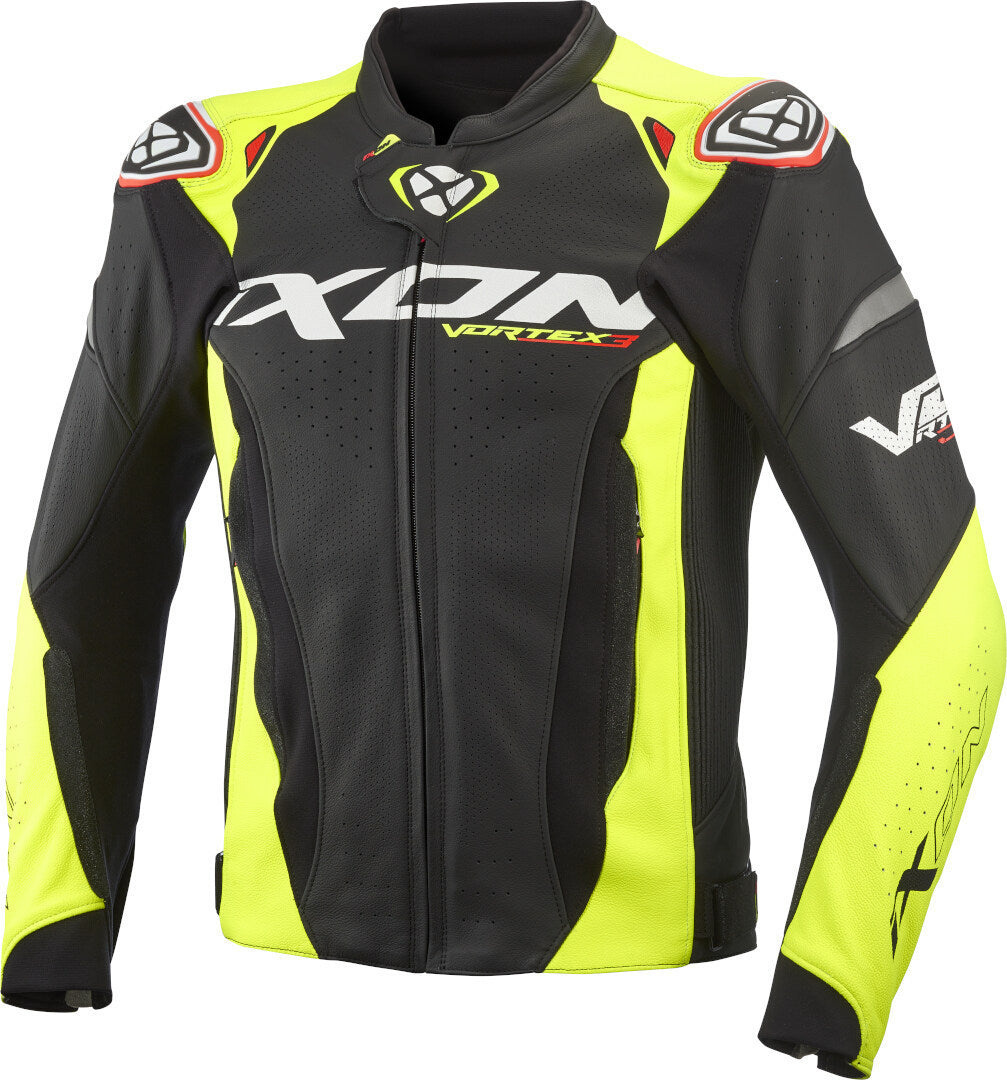 IXON VORTEX 3 Hombre Chaqueta Cuero Motociclista Carreras negro amarillo brillante