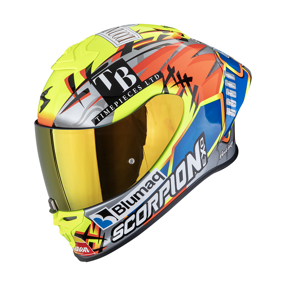 SCORPION EXO-R1 EVO II AIR ARON MISANO CASCO DE MOTO Plata-Amarillo Neon Azul
