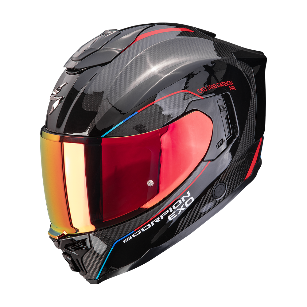 Capacete de moto Scorpion Exo-1500 Carbon Air Mundi, preto e vermelho.
