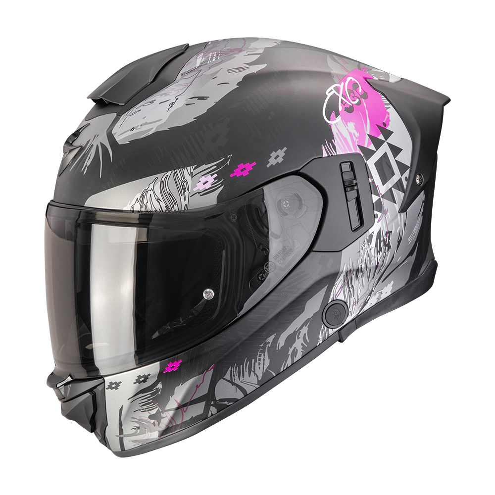 Capacete para moto Scorpion EXO-530 Air Hadji Touring, preto mate e rosa.