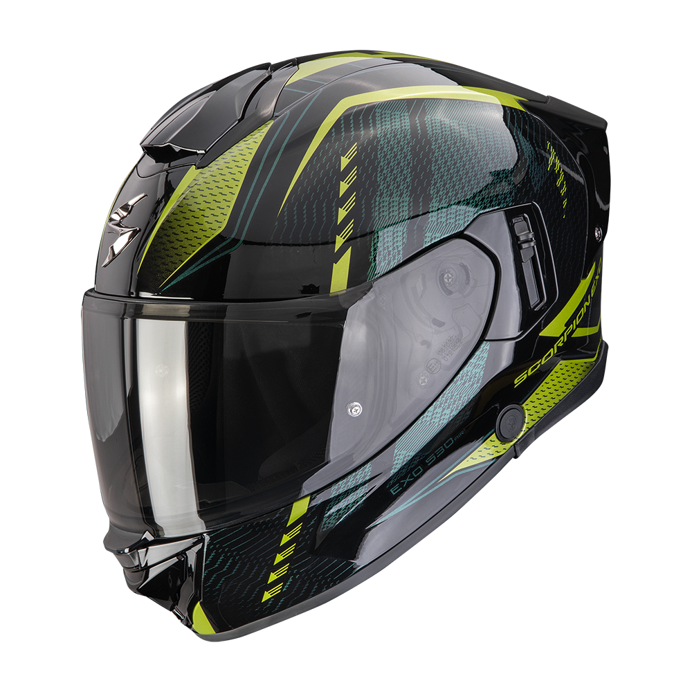 Capacete integral Scorpion Exo-530 Air Theras, preto e verde.