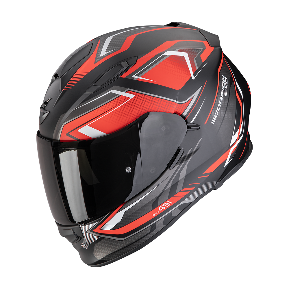 Capacete de moto SCORPION EXO-491 ZUMO, preto mate e vermelho.