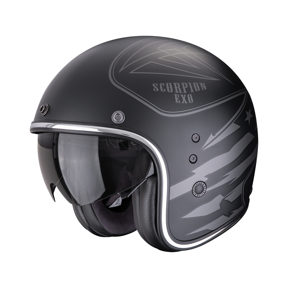 Capacete para moto Scorpion Belfast Evo Dawg, preto mate com detalhes em prateado.