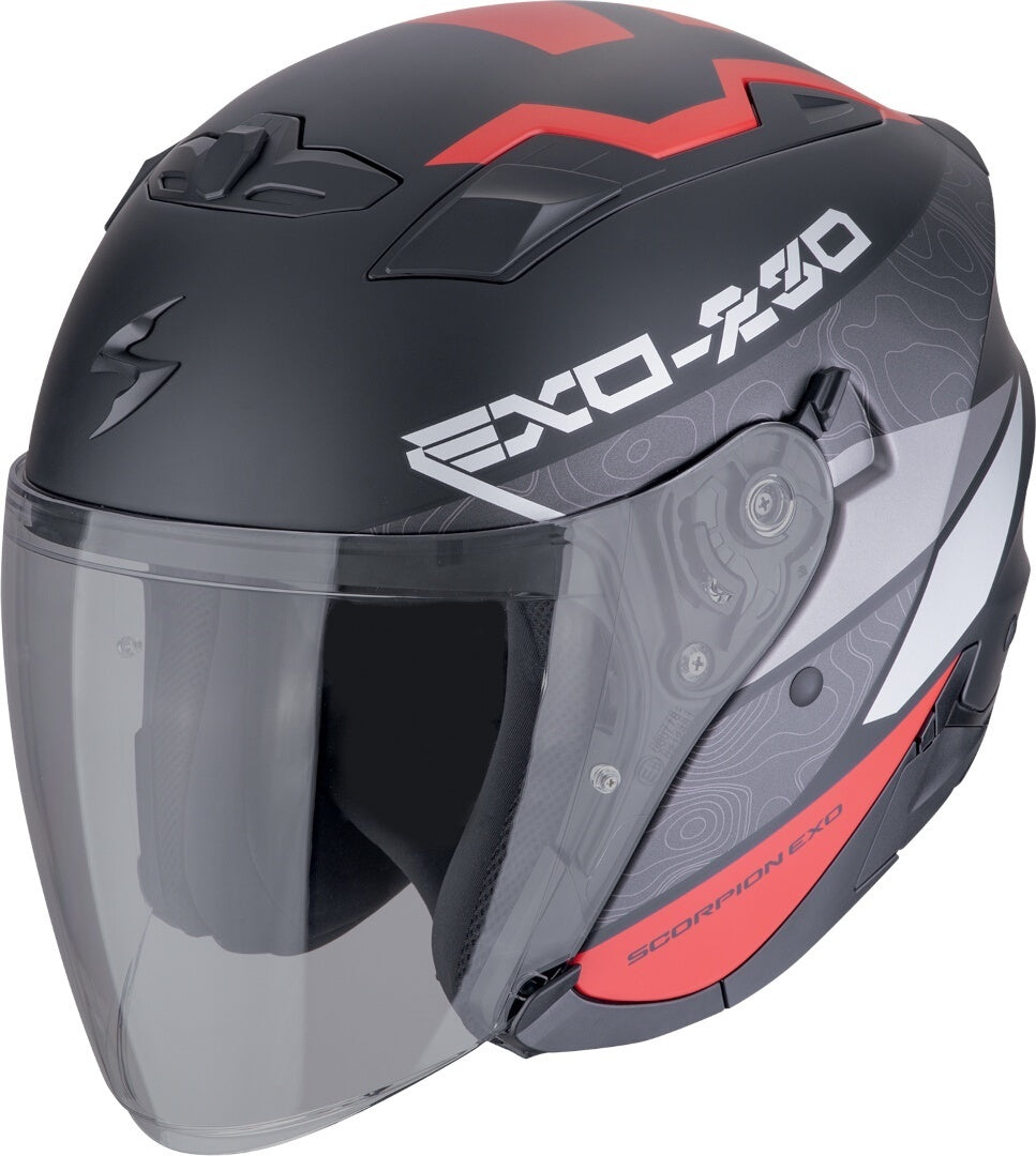 Scorpion EXO-230 BAND Cara Abierta Jet Casco Negro Mate Rojo Plata - CASCO