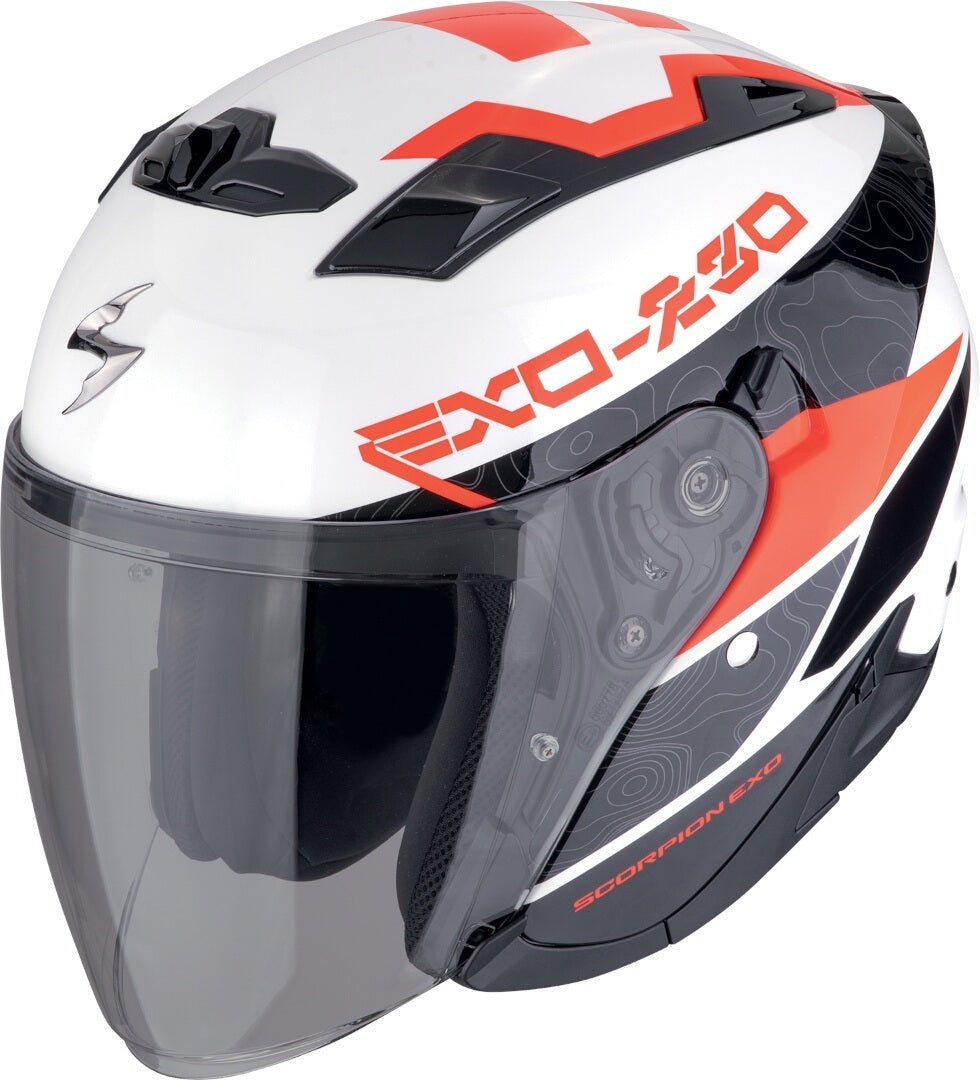 Scorpion EXO-230 BAND Cara Abierta Jet Casco Blanco Negro Rojo - CASCO