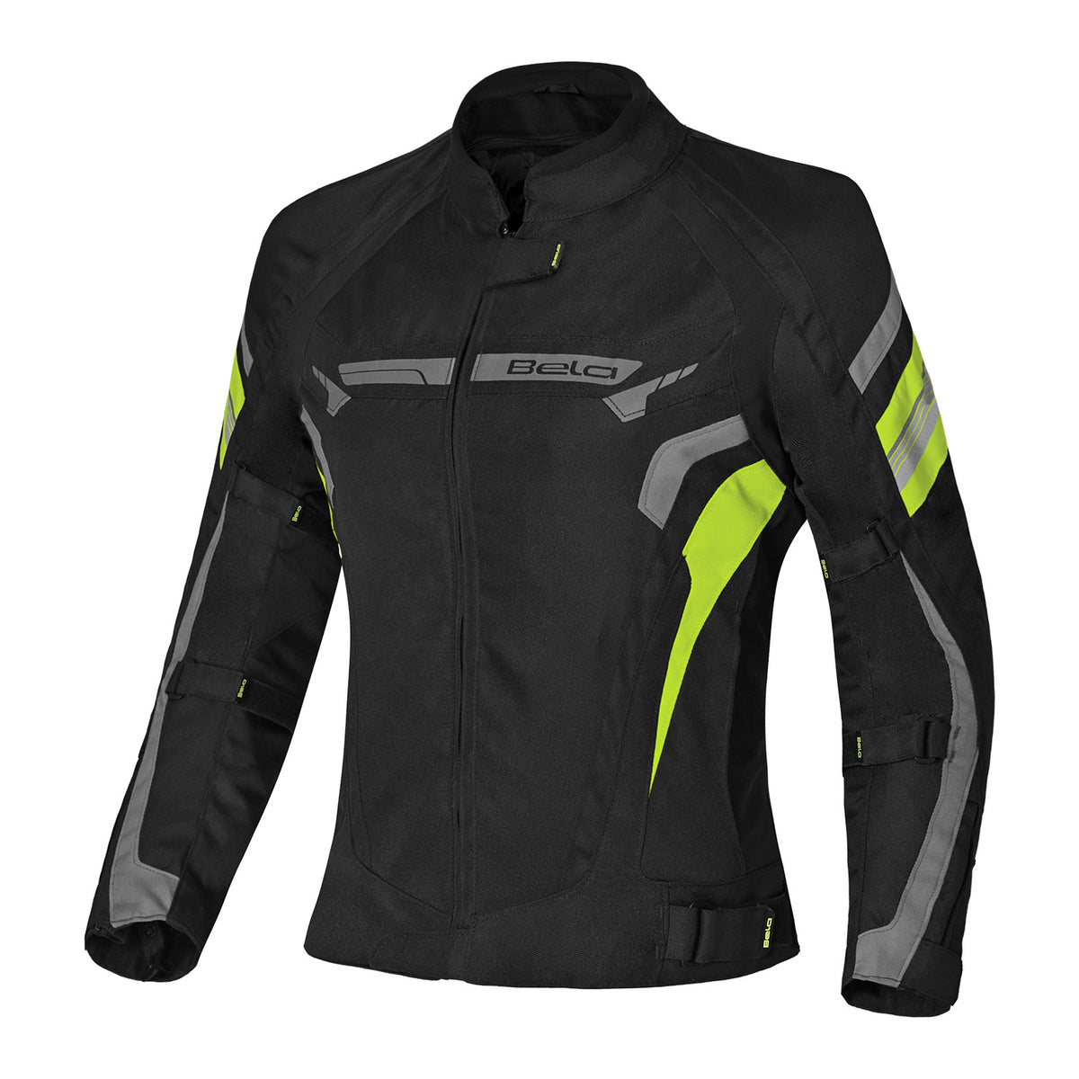 VESTE DE MOTO POUR FEMME BELA HIGHLAND, TEXTILE NOIR GRIS JAUNE