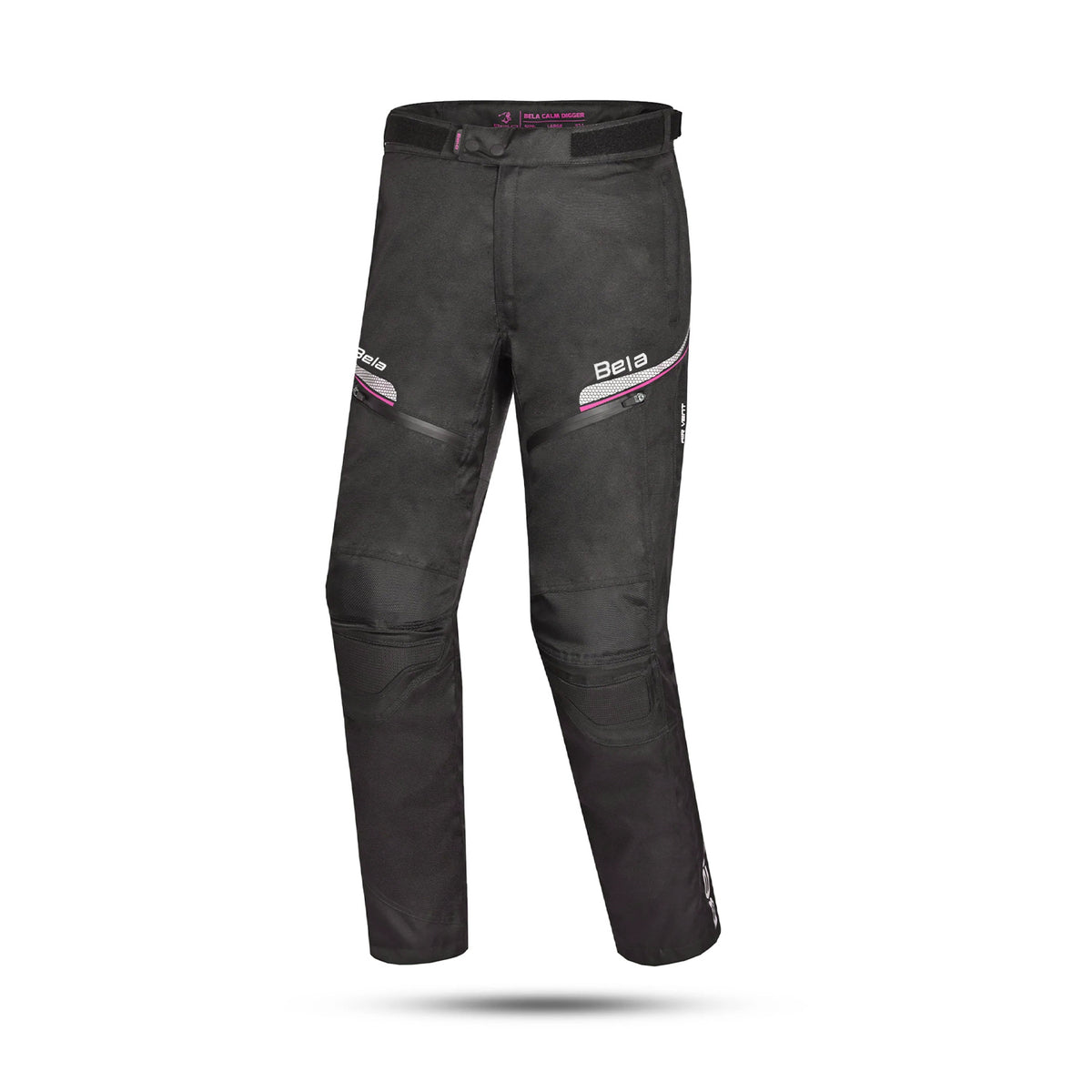 Calça de senhora Bela Calm Digger em tecido, tamanho 30L, preta e rosa.