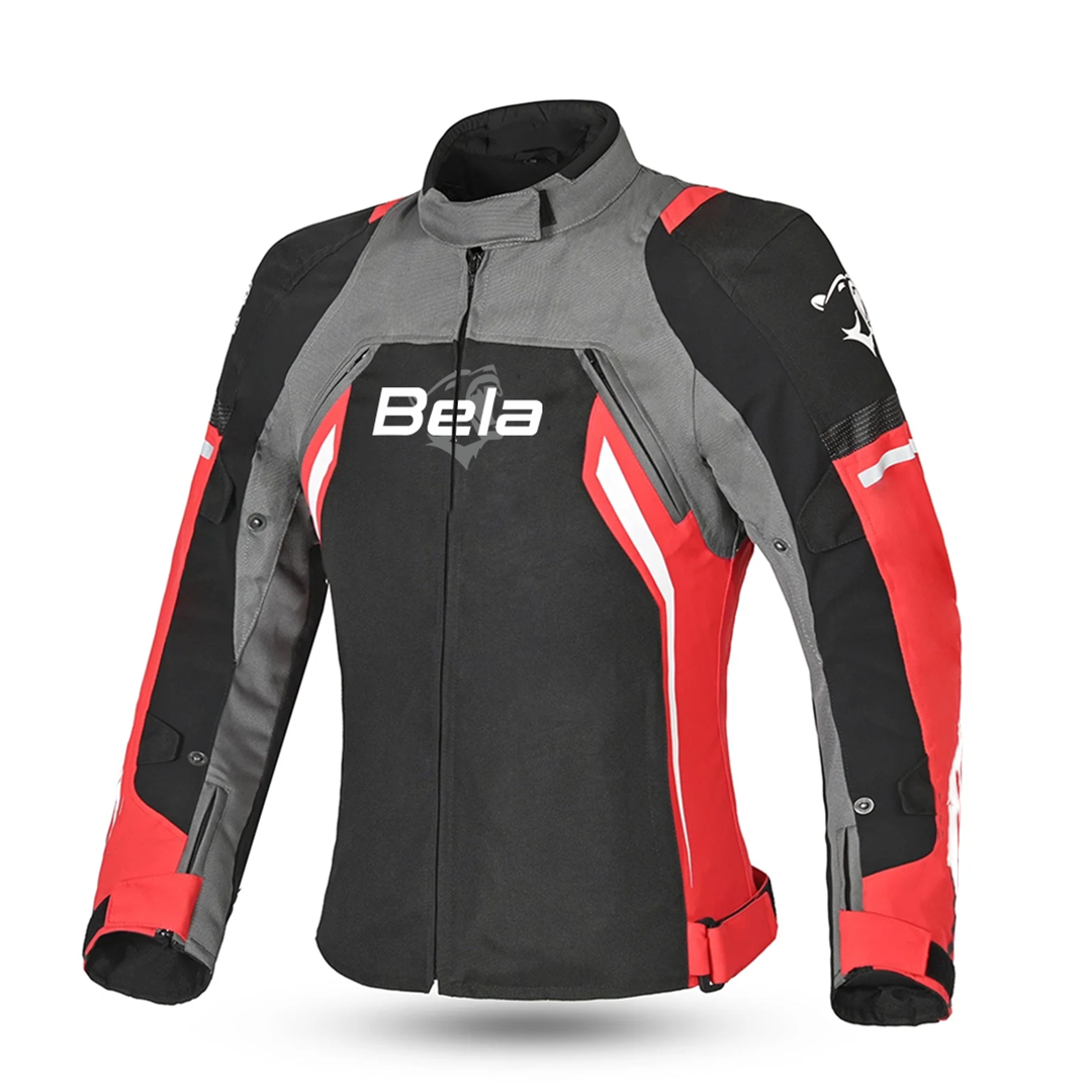 Casaco de motociclista Bela Elanur para mulher, preto, antracite e vermelho.