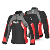 Casaco de motociclista Bela Elanur para mulher, preto, antracite e vermelho.