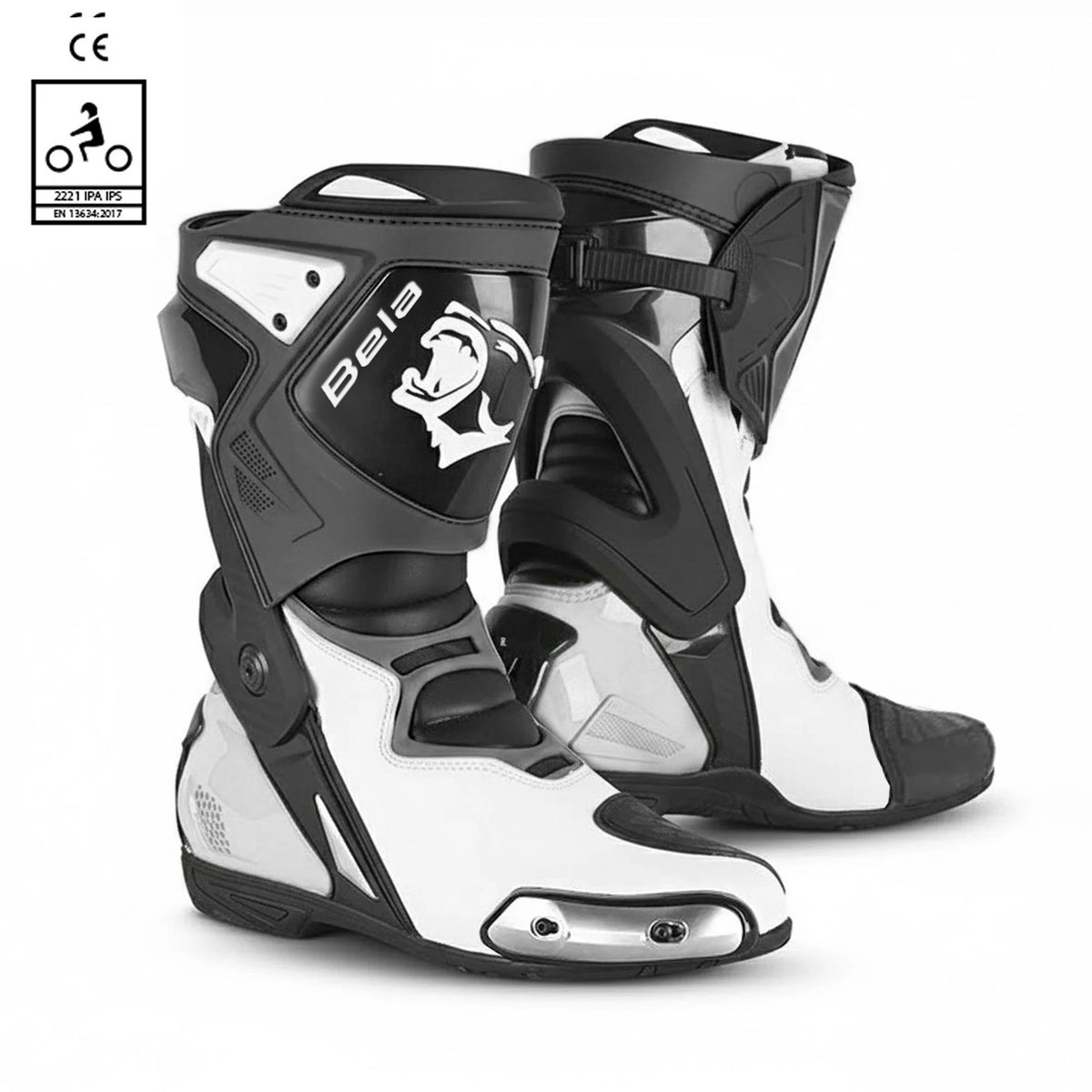 Botas de motociclismo Bela Race Pro (R-6) em pele, pretas e brancas