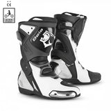 Botas de motociclismo Bela Race Pro (R-6) em pele, pretas e brancas