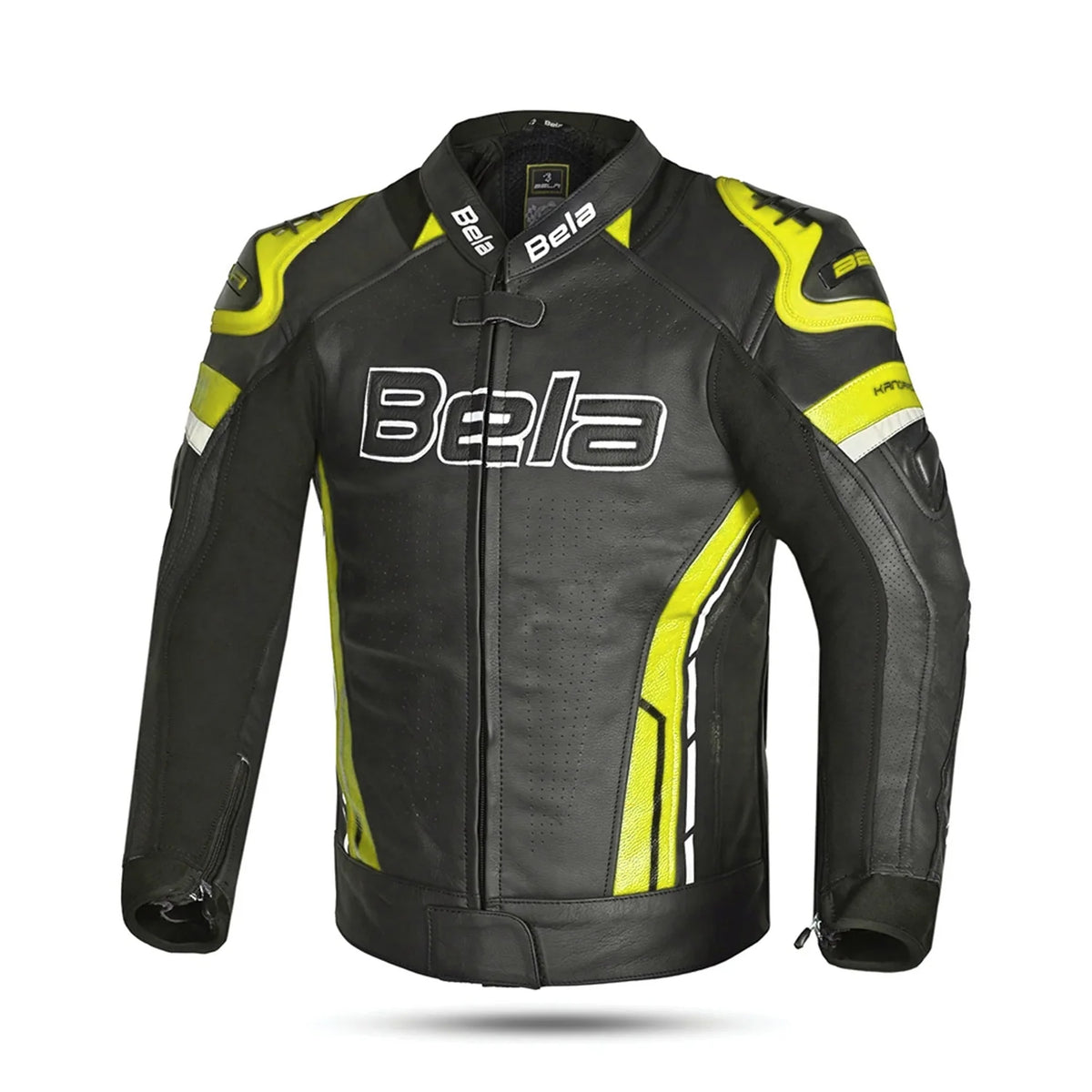 BELA ROCKET CHAQUETA MOTO PIEL HOMBRE NEGRO AMARILLO FLOUR