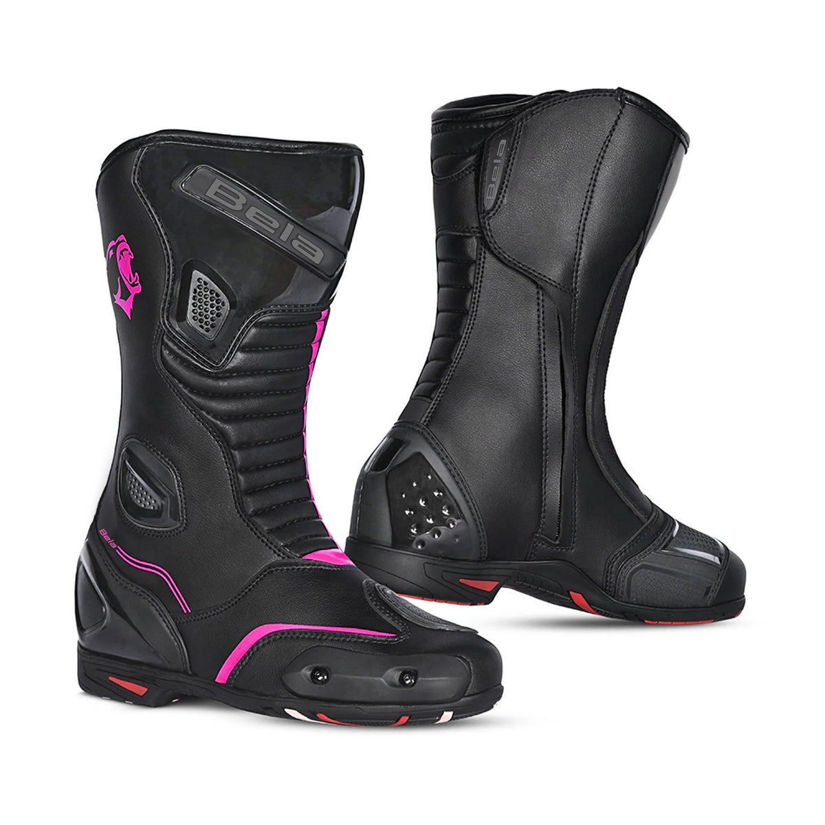 Botas de motociclismo Bela Strip Touring para mulher em pele preta com detalhes em rosa.