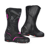 Botas de motociclismo Bela Strip Touring para mulher em pele preta com detalhes em rosa.