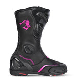 Botas de motociclismo Bela Strip Touring para mulher em pele preta com detalhes em rosa.