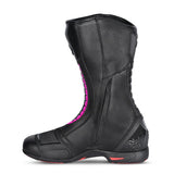 Botas de motociclismo Bela Strip Touring para mulher em pele preta com detalhes em rosa.