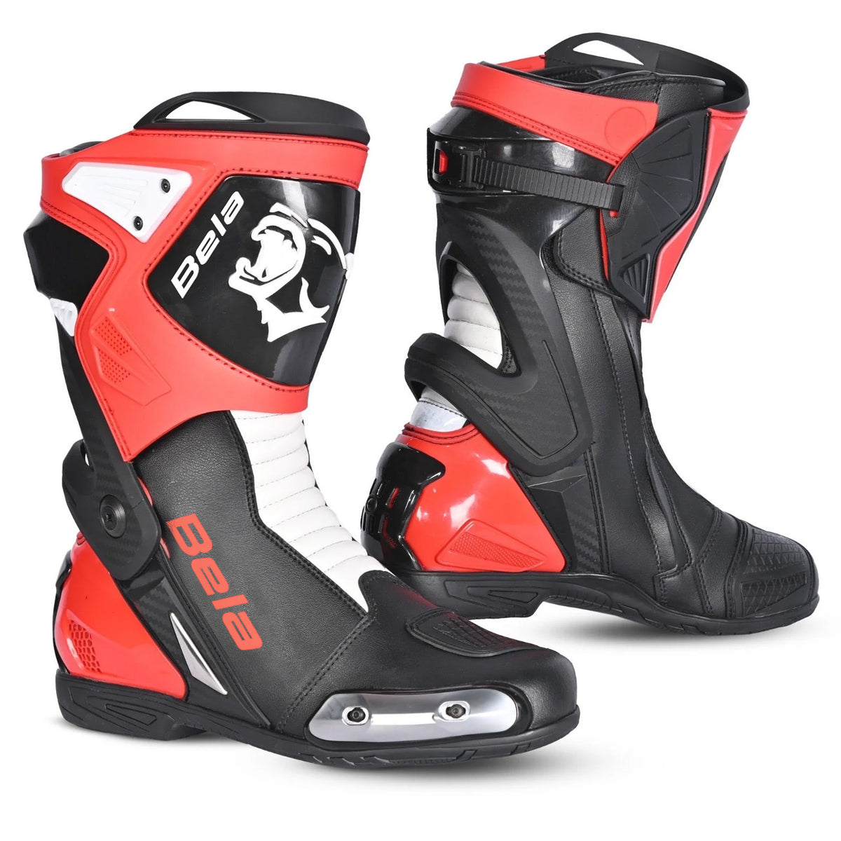 Botas de motociclismo Bela Turbo Track Racing, pretas e vermelhas.