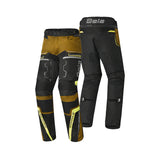 Calças de tecido para homem da marca Bela Watson, nas cores preto, castanho e amarelo. 