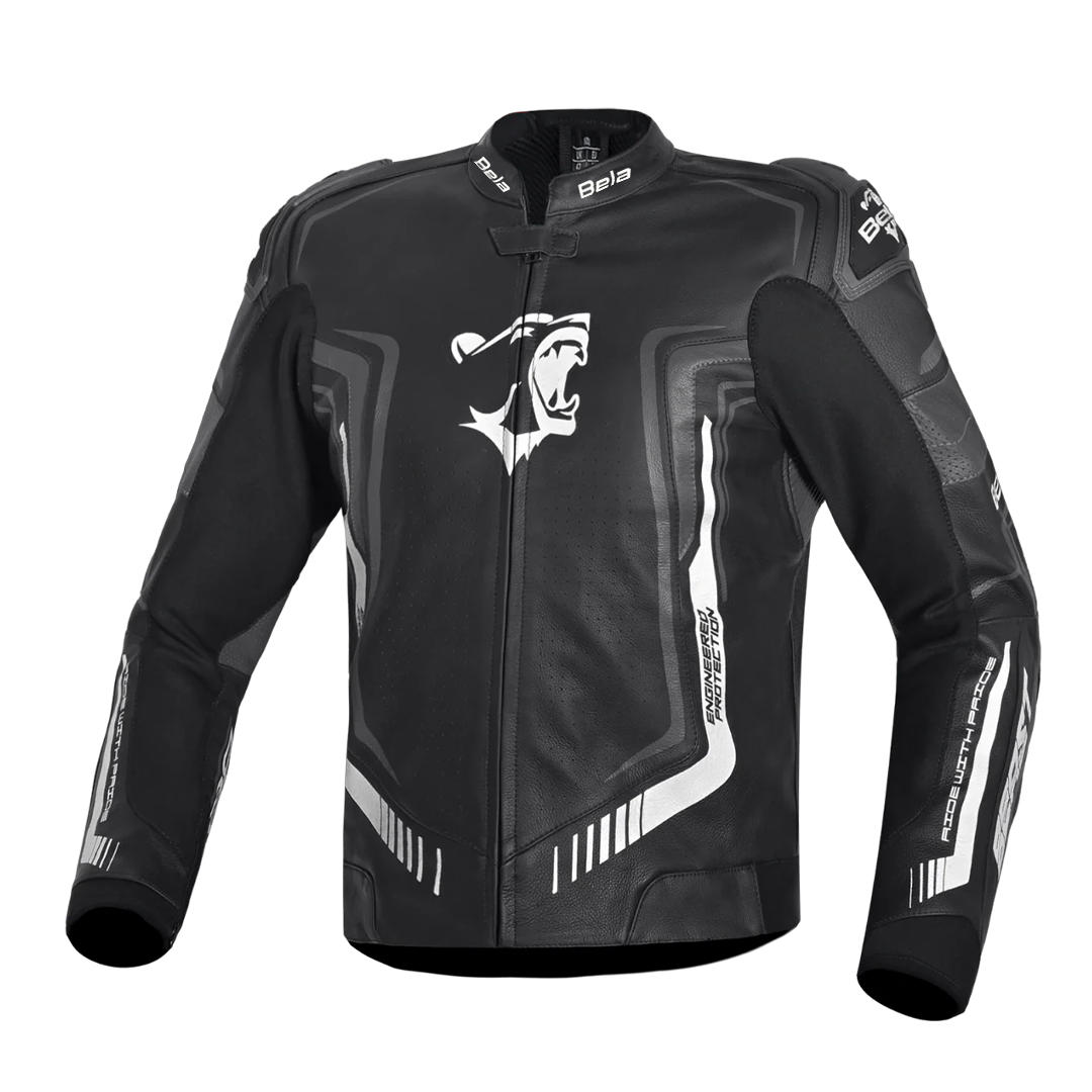 BELA BEAST Herren-Lederjacke Schwarz Anthira Weiß