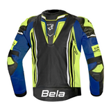 BELA BEAST MEN'S LEATHER JACKET BLACK WHITE YELLOW BLUE