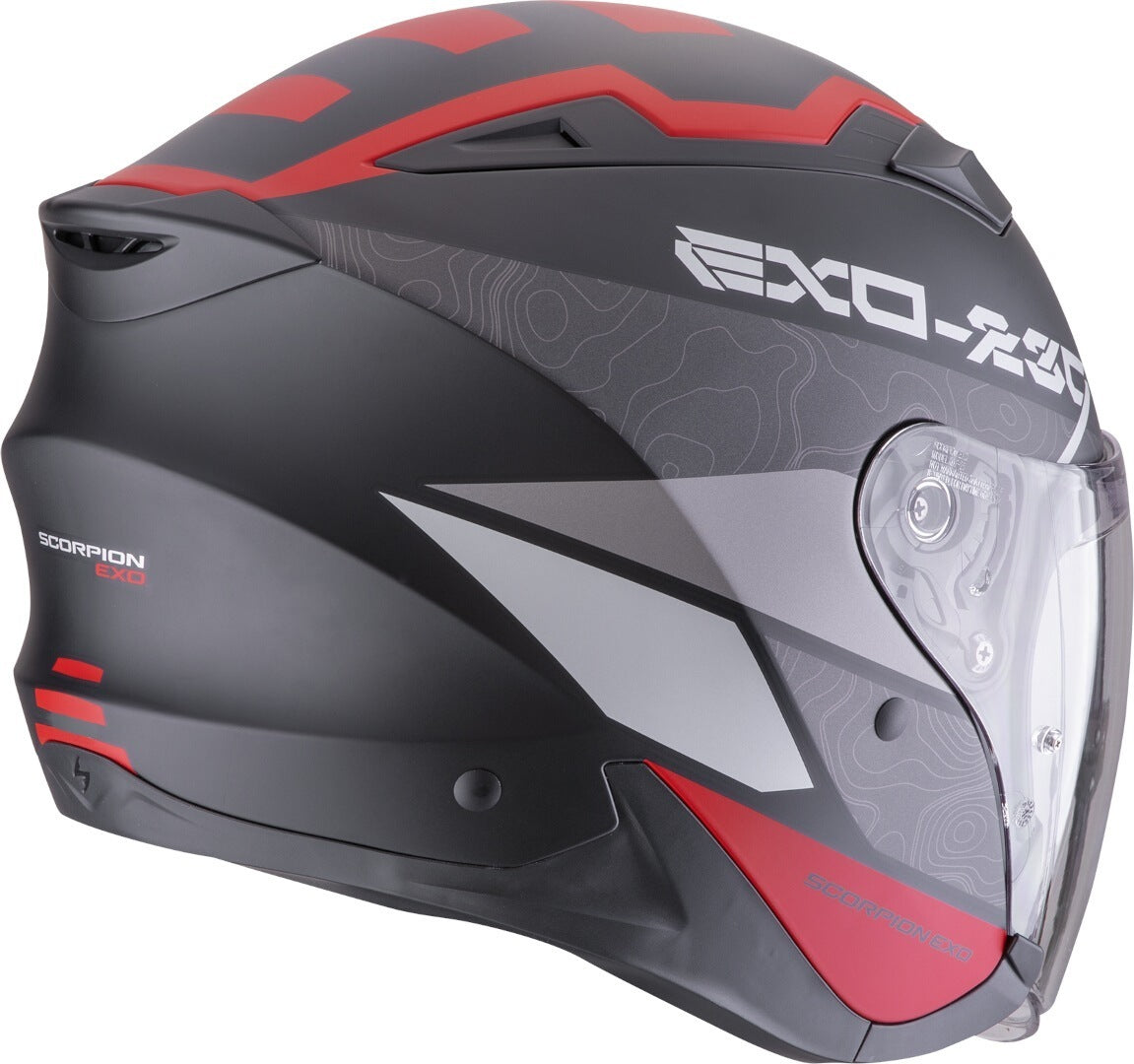 Scorpion EXO-230 BAND Cara Abierta Jet Casco Negro Mate Rojo Plata - CASCO