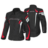 Casaco de motociclista Bela Highland para mulher, em tecido, preto com detalhes em vermelho gelo.