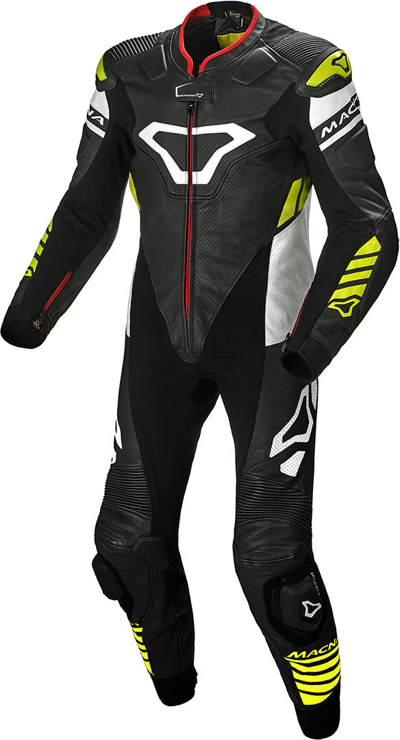 MACNA TRACKTIX 1 PIEZA MOTO PERFORADO TRAJE DE CUERO NEGRO BLANCO AMARILLO - Mono
