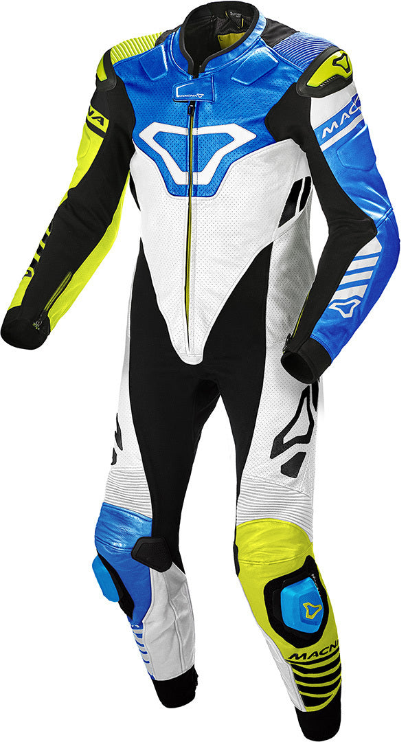 MACNA TRACKTIX 1 PIEZA MOTO PERFORADO TRAJE DE CUERO BLANCO AMARILLO FLUO AZUL - Mono