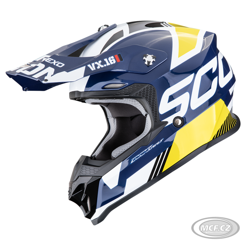 SCORPION VX-16 EVO AIR ANALOG MOTOCROSS CASCO BLANCO AZUL AMARILLO
