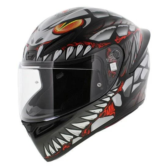 Capacete integral AGV K1 S Lyzard para moto, preto mate, cinzento e vermelho.